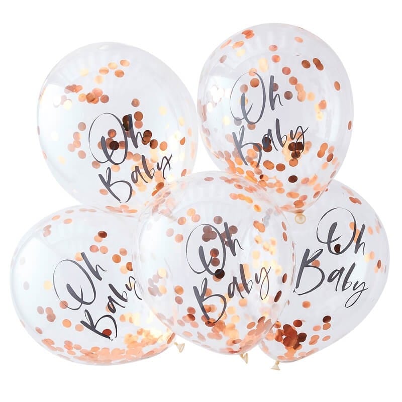 Oh Baby - Luftballons mit roségoldenem Konfetti im 5er-Pack