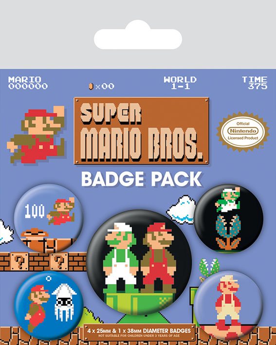 Super Mario Bros - Ansteckbuttons im Retro-Stil, 5er Pack
