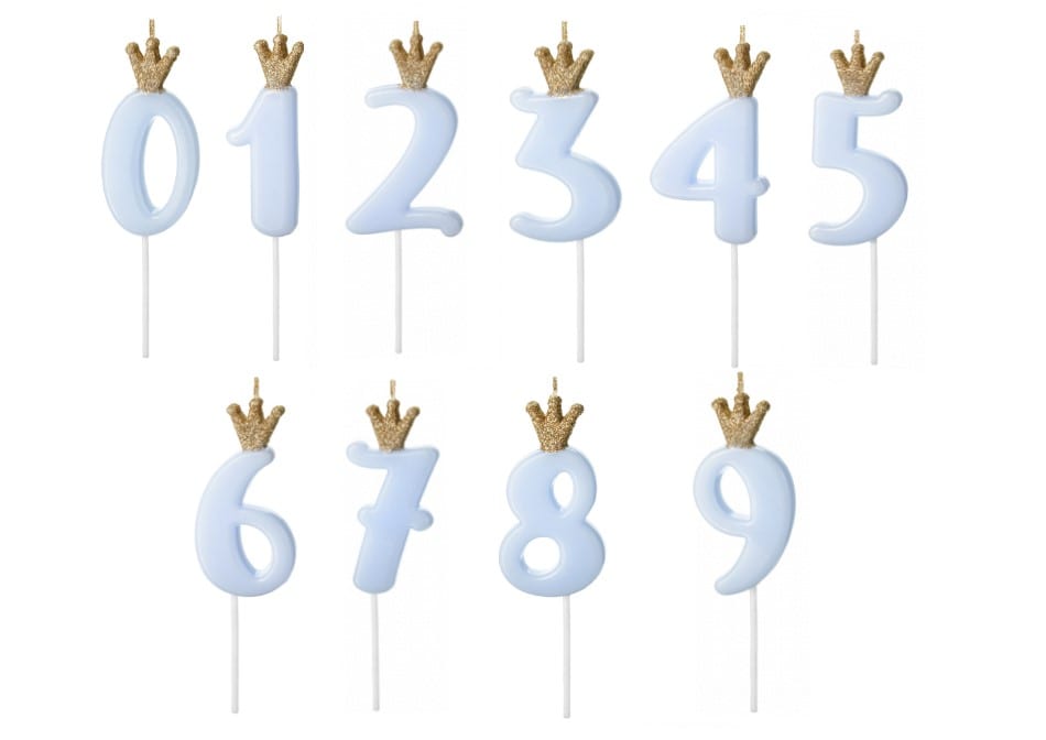 Tortenkerze, hellblaue Zahlen 0-9 mit Goldkrone