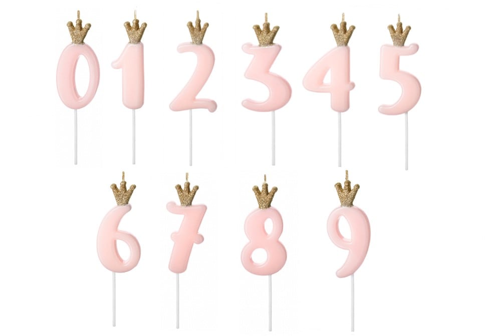 Tortenkerze, hellrosa Zahlen 0-9 mit Goldkrone