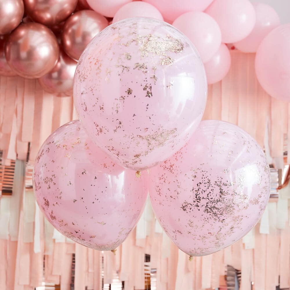 Luftballons - Rosa, doppellagig mit Konfetti, roségold 3er-Pack