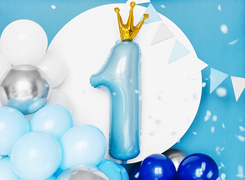 Zahlenluftballon Blau, 1 Jahr mit Krone