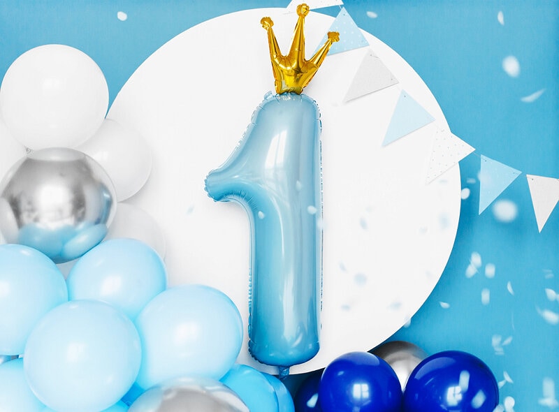Zahlen Luftballon Blau, 1 Jahr mit Krone