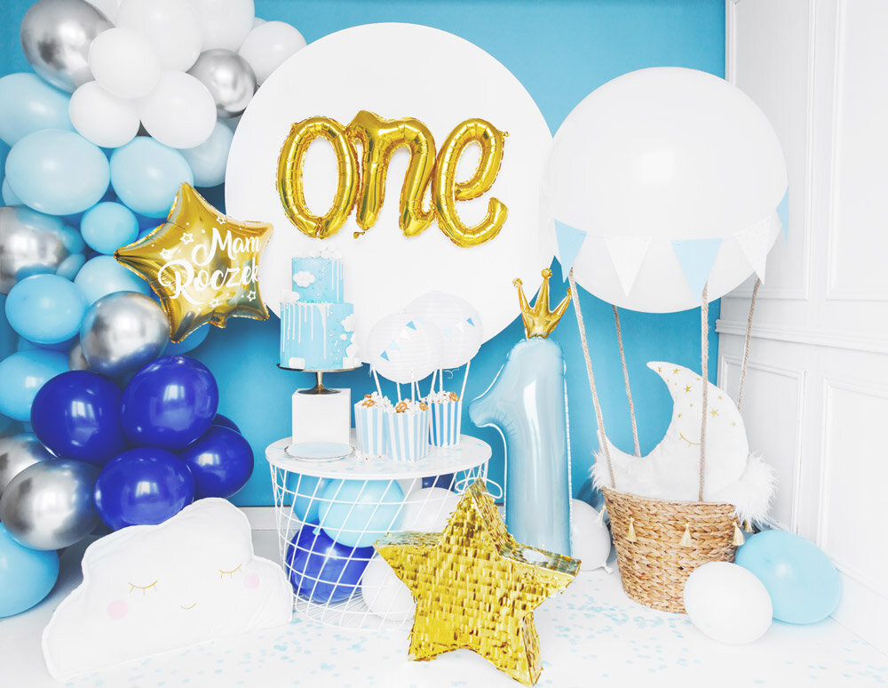 Zahlen Luftballon Blau, 1 Jahr mit Krone