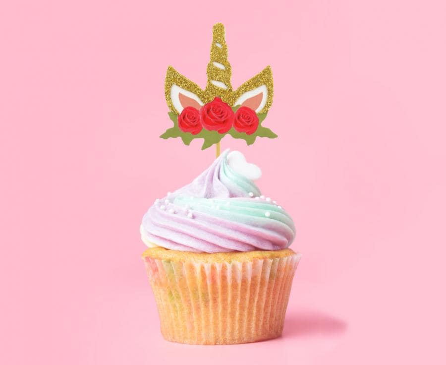 Cupcake Topper - Einhörner mit Blumen 6er-Pack