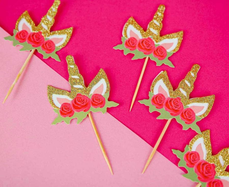 Cupcake Topper - Einhörner mit Blumen 6er-Pack