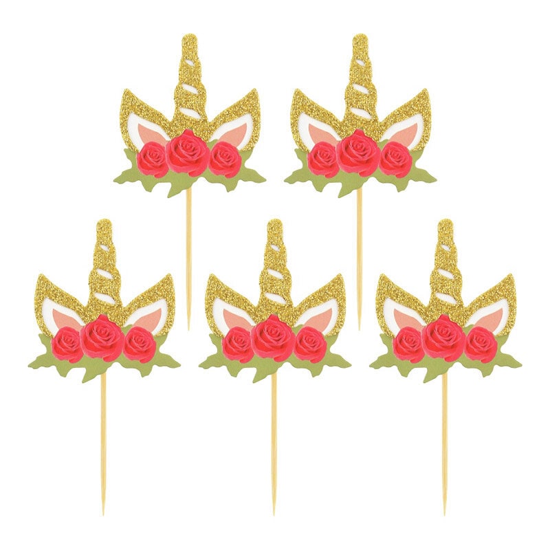 Cupcake Topper - Einhörner mit Blumen 6er Pack