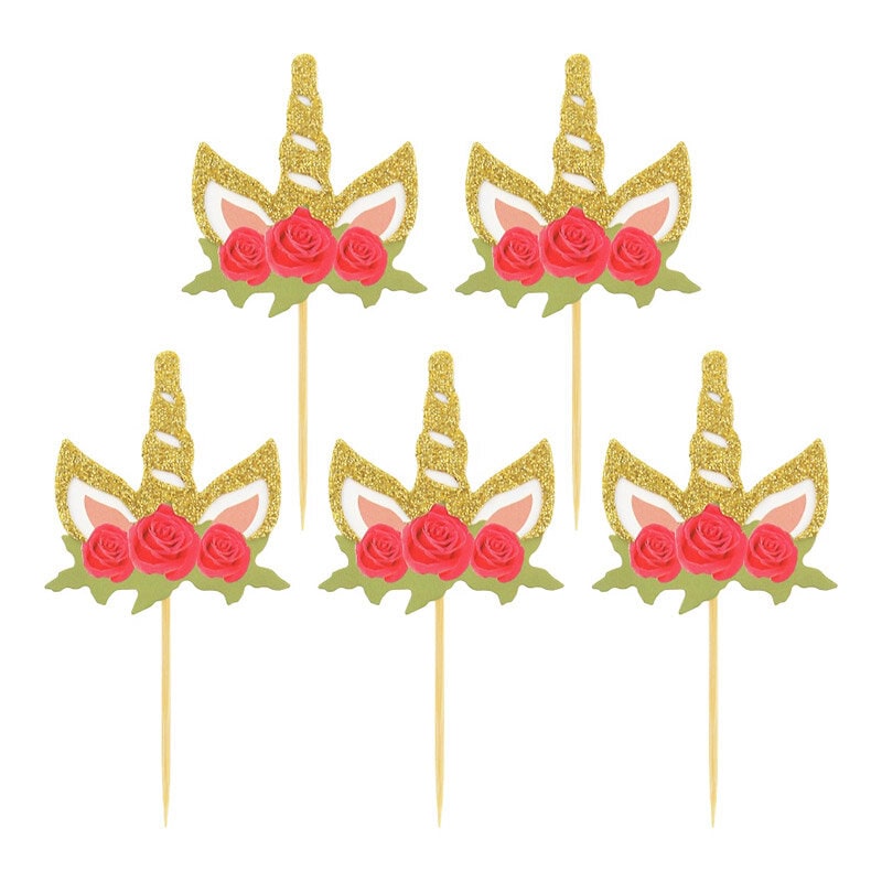 Cupcake Topper - Einhörner mit Blumen 6er-Pack