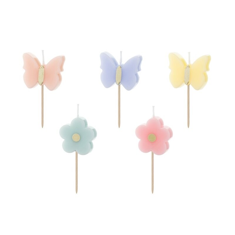 Kerzen Schmetterlinge & Blumen 5er-Pack