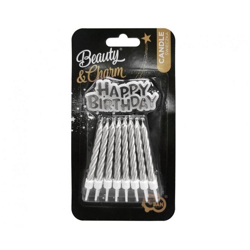 Kerzen Silber 16er-Pack mit Happy Birthday Schild
