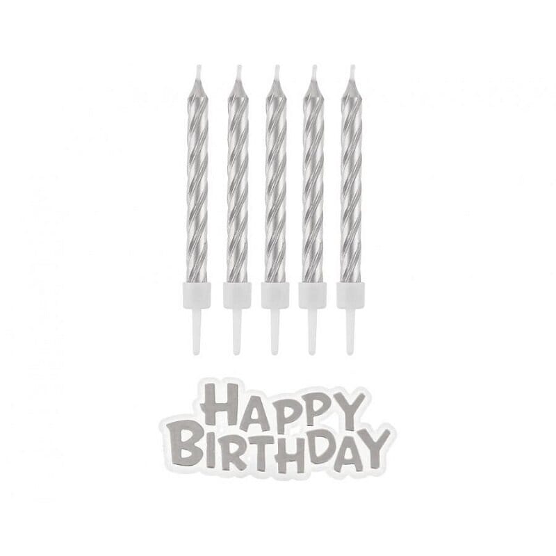 Kerzen Silber 16er Pack mit Happy Birthday Schild