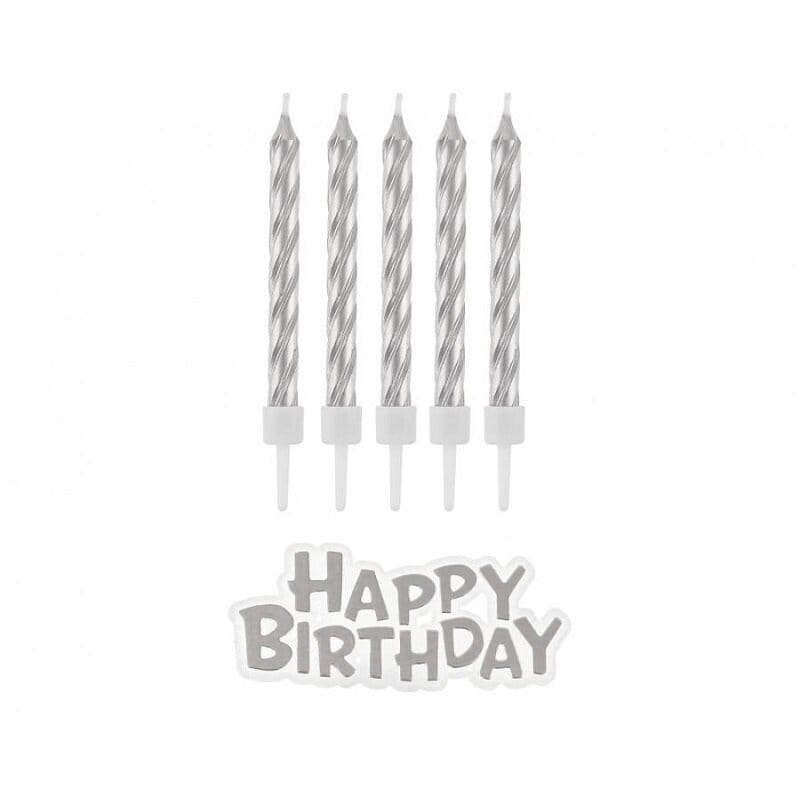 Kerzen Silber 16er-Pack mit Happy Birthday Schild