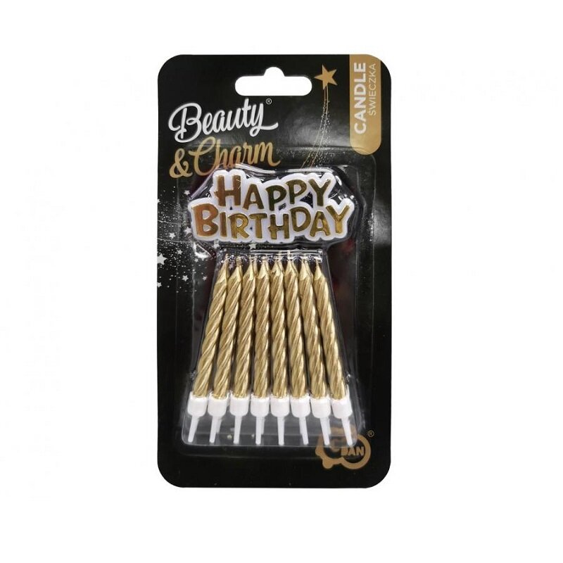 Kerzen Gold 16er-Pack mit Happy Birthday Schild