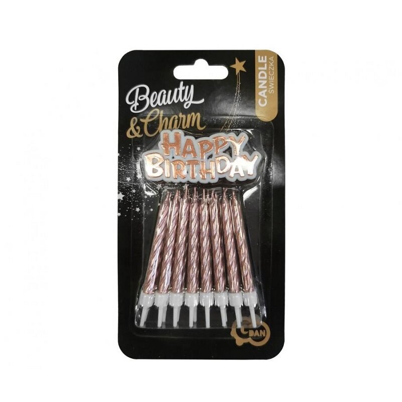 Kerzen Roségold 16er-Pack mit Happy Birthday Schild