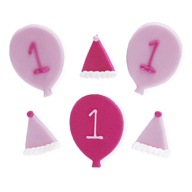 Zuckerdekorationen - Luftballons in Rosa 1 Jahr 6er Pack.