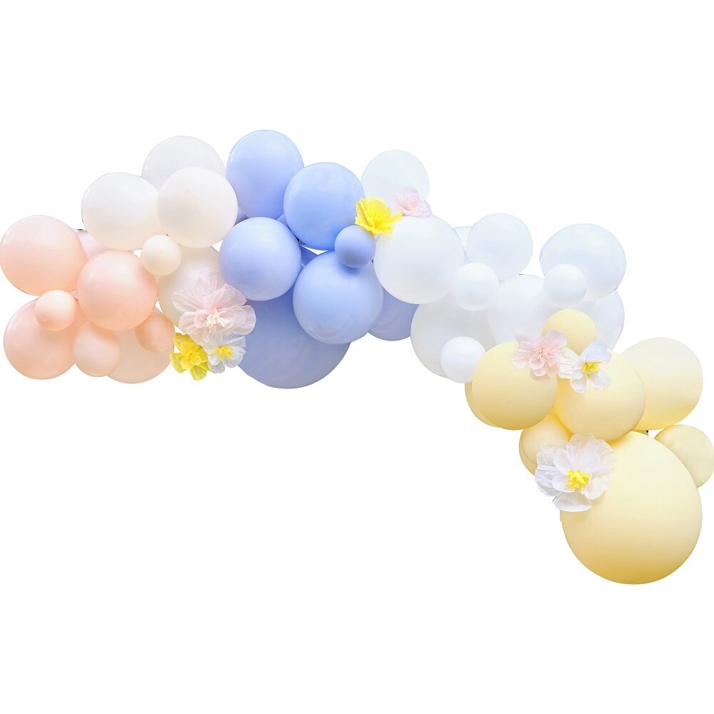 Pastellfarbener Ballonbogen mit Papier-Sommerblumen