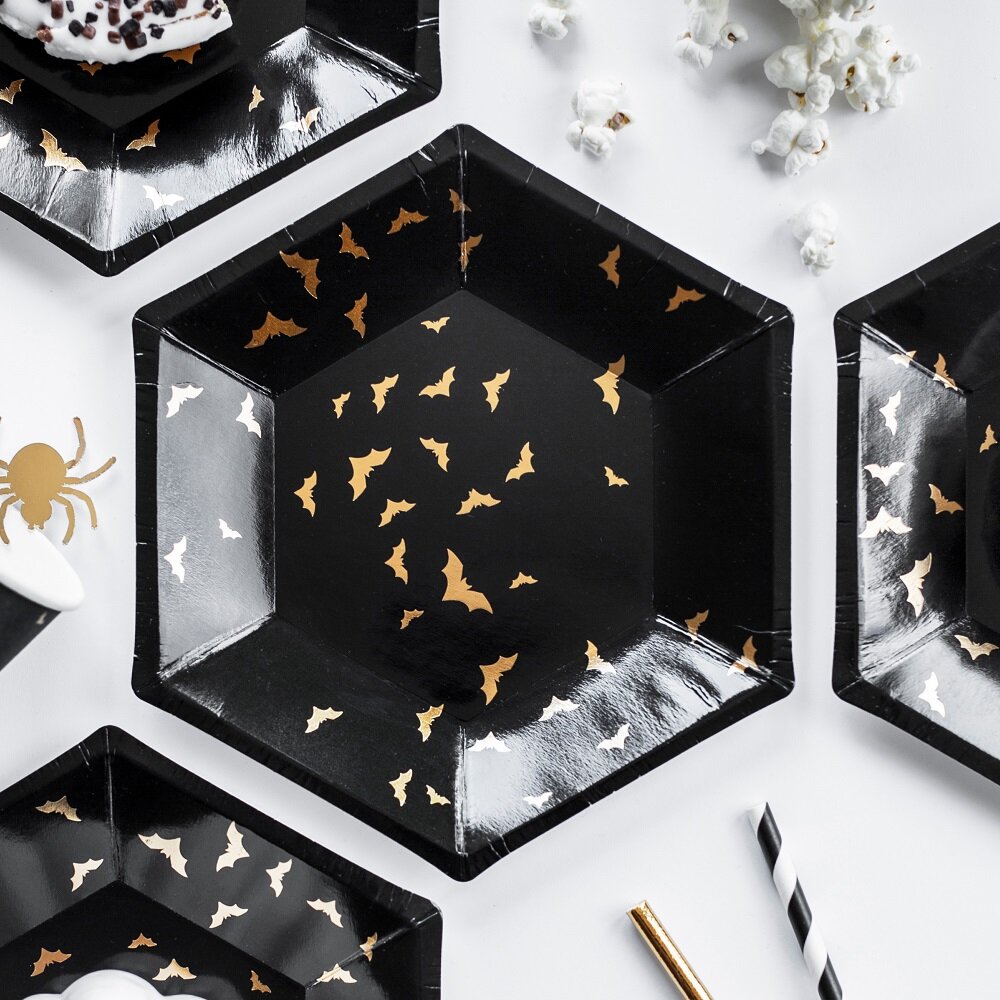 Halloween-Pappteller mit Goldfledermäusen 6er-Pack