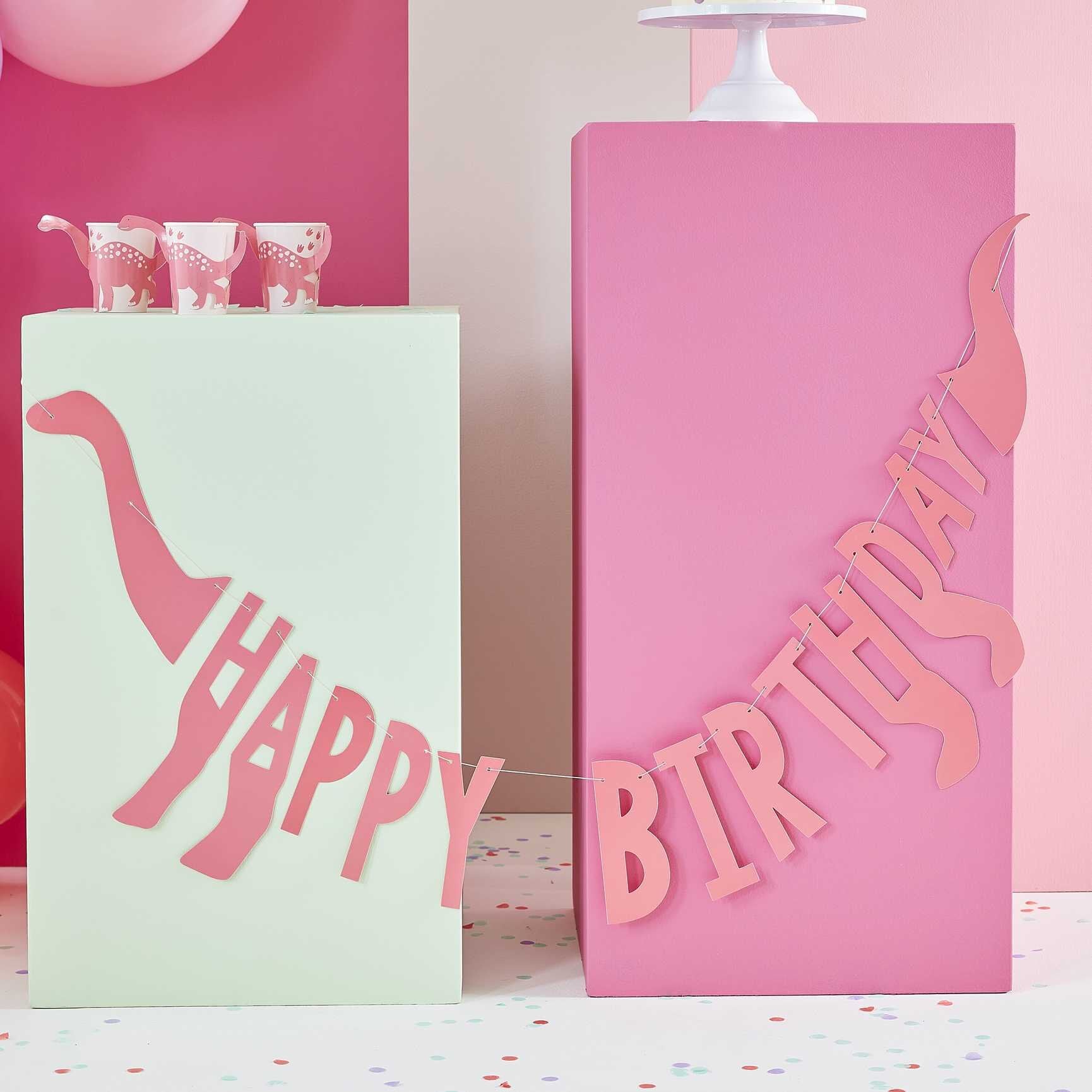 Dinosaur Roar Pink - Girlande Happy Birthday 137 cm