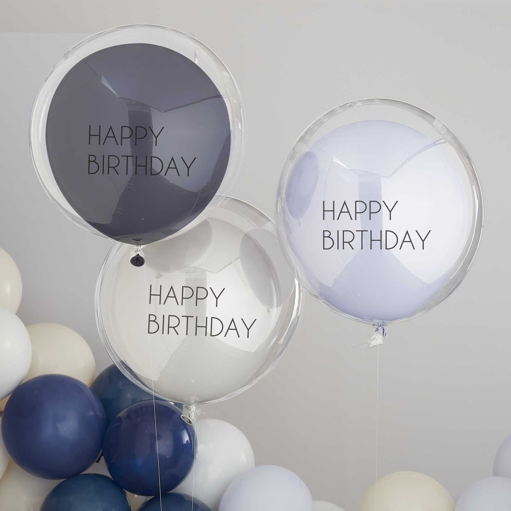 Doppellagige Luftballons - Blau Happy Birthday, 3er Pack