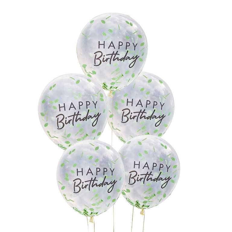 Luftballons "Happy Birthday“ mit Blattkonfetti im 5er Pack