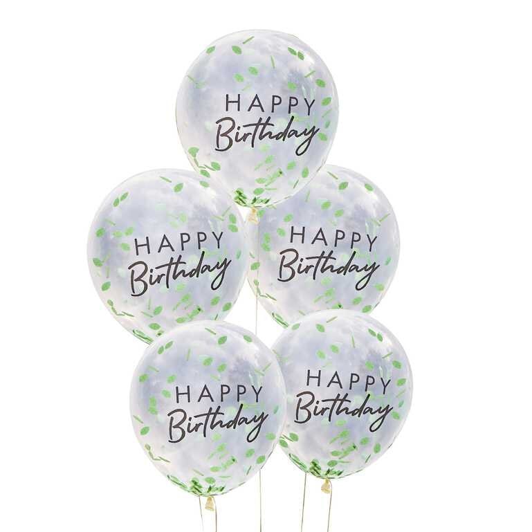 Luftballons "Happy Birthday“ mit Blattkonfetti im 5er-Pack
