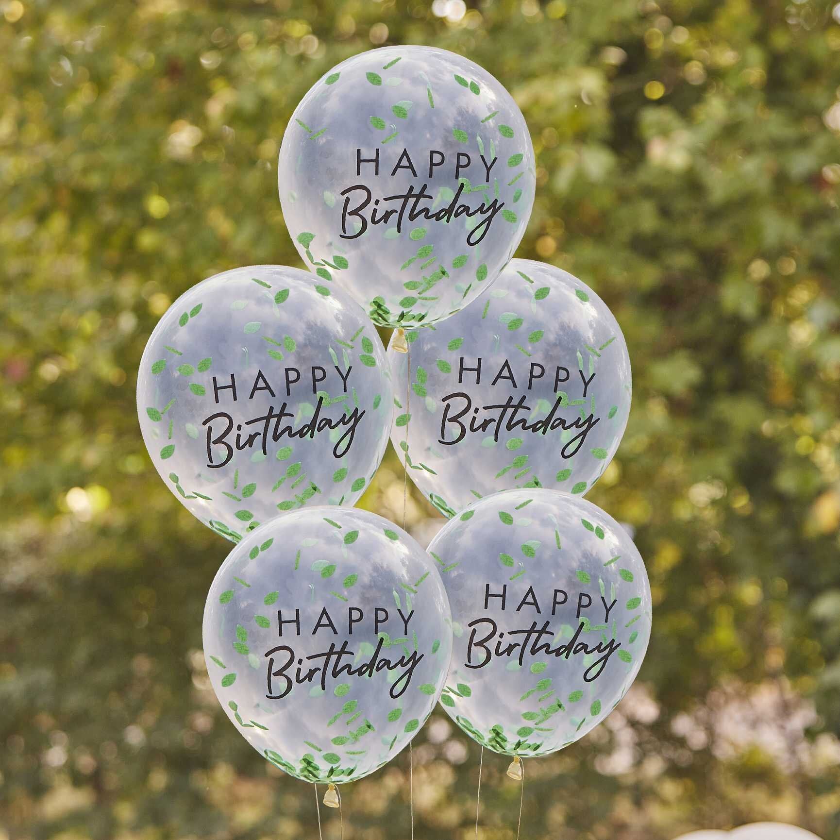 Luftballons "Happy Birthday“ mit Blattkonfetti im 5er-Pack