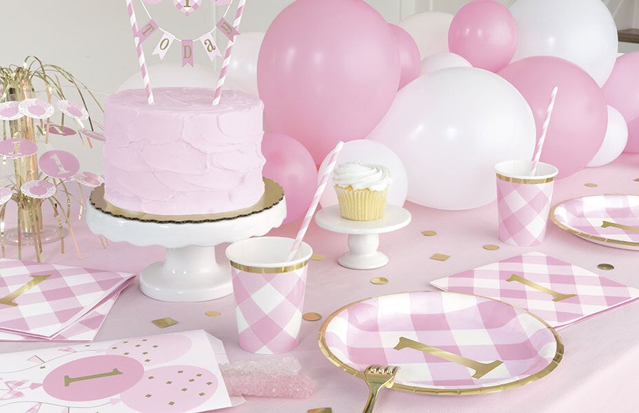 Rosa karierte Servietten - 1. Geburtstag 16er-Pack